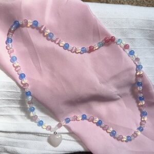 Candy Heart Necklace (Pink & Blue Cat Eye,Moonstone,Rose Quartz & Aquamarine